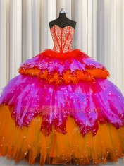 Fashionable Bling-bling Visible Boning Tulle Sweetheart Sleeveless Lace Up Beading and Ruffles and Ruffled Layers and Sequins Quinceanera Gown in Multi-color