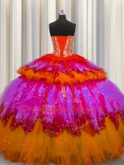 Fashionable Bling-bling Visible Boning Tulle Sweetheart Sleeveless Lace Up Beading and Ruffles and Ruffled Layers and Sequins Quinceanera Gown in Multi-color