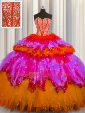Fashionable Bling-bling Visible Boning Tulle Sweetheart Sleeveless Lace Up Beading and Ruffles and Ruffled Layers and Sequins Quinceanera Gown in Multi-color