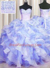 Stunning Two Tone Visible Boning Sweetheart Sleeveless Sweet 16 Dress Floor Length Beading and Ruffles Multi-color Organza