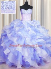 Stunning Two Tone Visible Boning Sweetheart Sleeveless Sweet 16 Dress Floor Length Beading and Ruffles Multi-color Organza