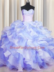 Stunning Two Tone Visible Boning Sweetheart Sleeveless Sweet 16 Dress Floor Length Beading and Ruffles Multi-color Organza