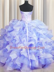 Stunning Two Tone Visible Boning Sweetheart Sleeveless Sweet 16 Dress Floor Length Beading and Ruffles Multi-color Organza