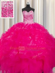 Visible Boning Beaded Bodice Hot Pink Sleeveless Beading and Ruffles Floor Length Quinceanera Gowns