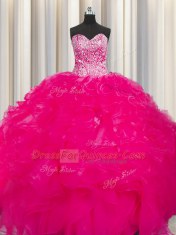 Visible Boning Beaded Bodice Hot Pink Sleeveless Beading and Ruffles Floor Length Quinceanera Gowns