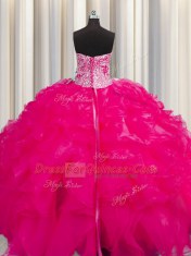 Visible Boning Beaded Bodice Hot Pink Sleeveless Beading and Ruffles Floor Length Quinceanera Gowns
