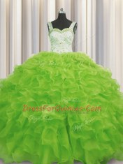Pretty Yellow Green Lace Up Sweet 16 Quinceanera Dress Beading and Ruffles Sleeveless Floor Length