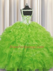 Pretty Yellow Green Lace Up Sweet 16 Quinceanera Dress Beading and Ruffles Sleeveless Floor Length
