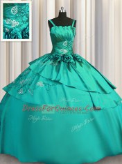 Exquisite Turquoise Lace Up Spaghetti Straps Beading and Embroidery Sweet 16 Dresses Satin Sleeveless