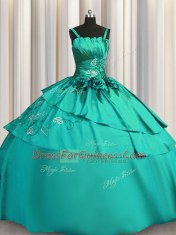 Exquisite Turquoise Lace Up Spaghetti Straps Beading and Embroidery Sweet 16 Dresses Satin Sleeveless