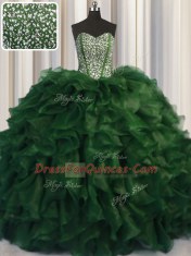 Adorable Visible Boning Bling-bling Green Organza Lace Up Sweetheart Sleeveless With Train Quince Ball Gowns Brush Train Beading