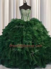 Adorable Visible Boning Bling-bling Green Organza Lace Up Sweetheart Sleeveless With Train Quince Ball Gowns Brush Train Beading