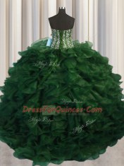 Adorable Visible Boning Bling-bling Green Organza Lace Up Sweetheart Sleeveless With Train Quince Ball Gowns Brush Train Beading