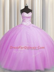 Top Selling Bling-bling Really Puffy Lilac Ball Gowns Tulle Sweetheart Sleeveless Beading Floor Length Lace Up Sweet 16 Dresses