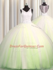 Smart Zipple Up Big Puffy Yellow Green Quinceanera Dresses Tulle Brush Train Sleeveless Beading and Appliques
