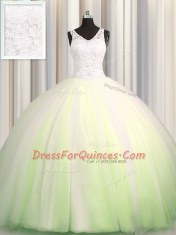 Smart Zipple Up Big Puffy Yellow Green Quinceanera Dresses Tulle Brush Train Sleeveless Beading and Appliques
