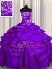 Comfortable Purple Lace Up Strapless Appliques and Pick Ups Quinceanera Gowns Taffeta Sleeveless