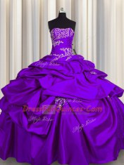 Comfortable Purple Lace Up Strapless Appliques and Pick Ups Quinceanera Gowns Taffeta Sleeveless