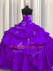 Comfortable Purple Lace Up Strapless Appliques and Pick Ups Quinceanera Gowns Taffeta Sleeveless