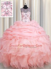 Scoop See Through Baby Pink Sleeveless Beading and Ruffles and Pick Ups Floor Length 15 Quinceanera Dress