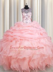 Scoop See Through Baby Pink Sleeveless Beading and Ruffles and Pick Ups Floor Length 15 Quinceanera Dress