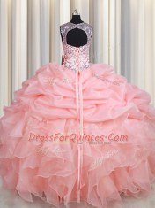 Scoop See Through Baby Pink Sleeveless Beading and Ruffles and Pick Ups Floor Length 15 Quinceanera Dress