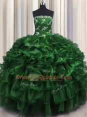 Classical Dark Green Organza Lace Up Strapless Sleeveless Floor Length Sweet 16 Dress Appliques and Ruffles and Ruffled Layers