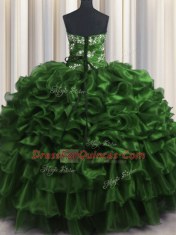 Classical Dark Green Organza Lace Up Strapless Sleeveless Floor Length Sweet 16 Dress Appliques and Ruffles and Ruffled Layers