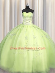 Customized Big Puffy Yellow Green Sleeveless Beading and Appliques Floor Length Quinceanera Gown