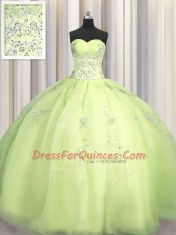Customized Big Puffy Yellow Green Sleeveless Beading and Appliques Floor Length Quinceanera Gown