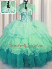 Visible Boning Bling-bling Sleeveless Organza Floor Length Lace Up 15th Birthday Dress in Multi-color with Beading and Ruffled Layers