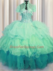 Visible Boning Bling-bling Sleeveless Organza Floor Length Lace Up 15th Birthday Dress in Multi-color with Beading and Ruffled Layers