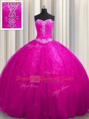 Court Train Ball Gowns Quinceanera Dresses Fuchsia Sweetheart Tulle and Sequined Sleeveless With Train Lace Up