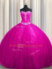 Court Train Ball Gowns Quinceanera Dresses Fuchsia Sweetheart Tulle and Sequined Sleeveless With Train Lace Up