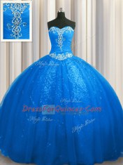 Elegant Sweetheart Sleeveless Tulle and Sequined Vestidos de Quinceanera Beading and Appliques Court Train Lace Up