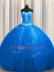 Elegant Sweetheart Sleeveless Tulle and Sequined Vestidos de Quinceanera Beading and Appliques Court Train Lace Up