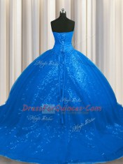Elegant Sweetheart Sleeveless Tulle and Sequined Vestidos de Quinceanera Beading and Appliques Court Train Lace Up