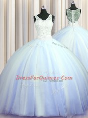 Cute See Through Zipper Up Light Blue Ball Gowns Tulle V-neck Sleeveless Beading and Appliques With Train Zipper Quinceanera Dress Brush Train