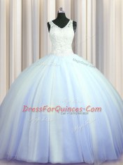 Cute See Through Zipper Up Light Blue Ball Gowns Tulle V-neck Sleeveless Beading and Appliques With Train Zipper Quinceanera Dress Brush Train