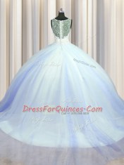 Cute See Through Zipper Up Light Blue Ball Gowns Tulle V-neck Sleeveless Beading and Appliques With Train Zipper Quinceanera Dress Brush Train
