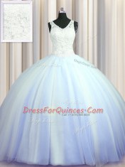 Cute See Through Zipper Up Light Blue Ball Gowns Tulle V-neck Sleeveless Beading and Appliques With Train Zipper Quinceanera Dress Brush Train