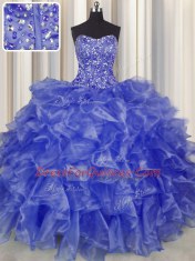 Visible Boning Blue Sleeveless Beading and Ruffles Floor Length Ball Gown Prom Dress