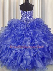 Visible Boning Blue Sleeveless Beading and Ruffles Floor Length Ball Gown Prom Dress