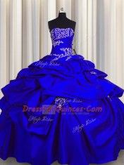 Decent Royal Blue Lace Up Strapless Appliques and Pick Ups Quinceanera Dress Taffeta Sleeveless