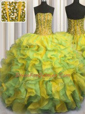 Enchanting Visible Boning Bling-bling Multi-color Strapless Neckline Beading and Ruffles Ball Gown Prom Dress Sleeveless Lace Up