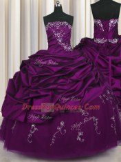 Custom Fit Purple Strapless Neckline Beading and Embroidery and Pick Ups Ball Gown Prom Dress Sleeveless Lace Up