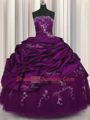Custom Fit Purple Strapless Neckline Beading and Embroidery and Pick Ups Ball Gown Prom Dress Sleeveless Lace Up