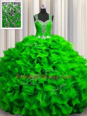 Fashion Zipple Up See Through Back Floor Length Quinceanera Gowns Organza Sleeveless Beading and Ruffles