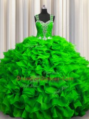 Fashion Zipple Up See Through Back Floor Length Quinceanera Gowns Organza Sleeveless Beading and Ruffles