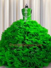 Fashion Zipple Up See Through Back Floor Length Quinceanera Gowns Organza Sleeveless Beading and Ruffles